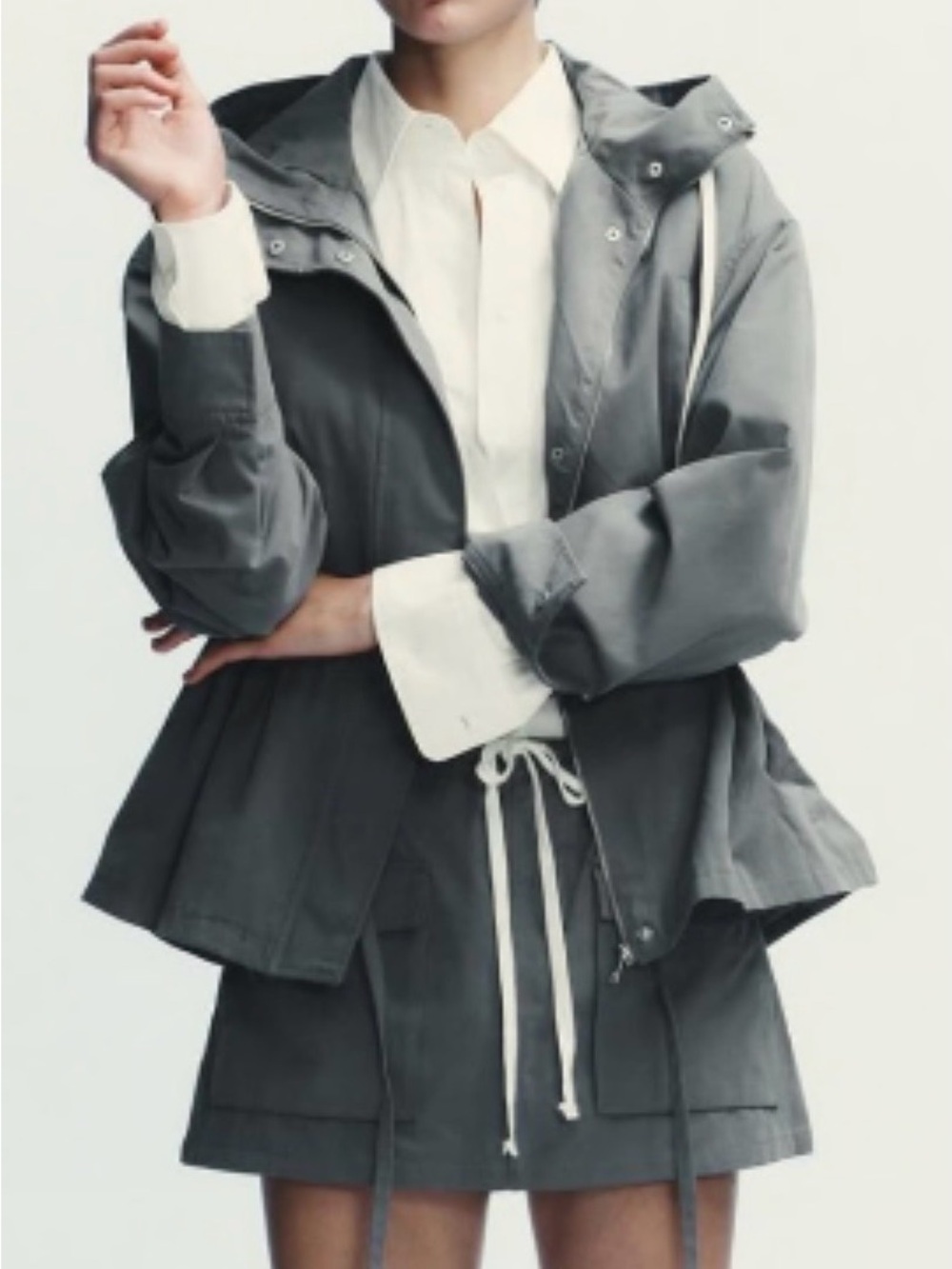 Zara Gray Hooded Drawstring Waist Utility Jacket